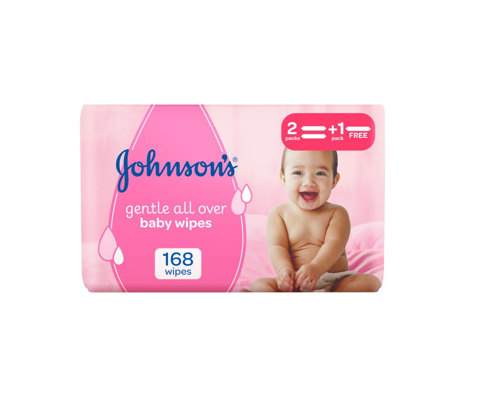 Baby-Gentle-All-Over-Baby-Wipes.png المناديل المبللة Offer Pack 2+1, Johnsons Gentle All Over Baby Wipes, 168 Pcs, Pink - الصورة 1