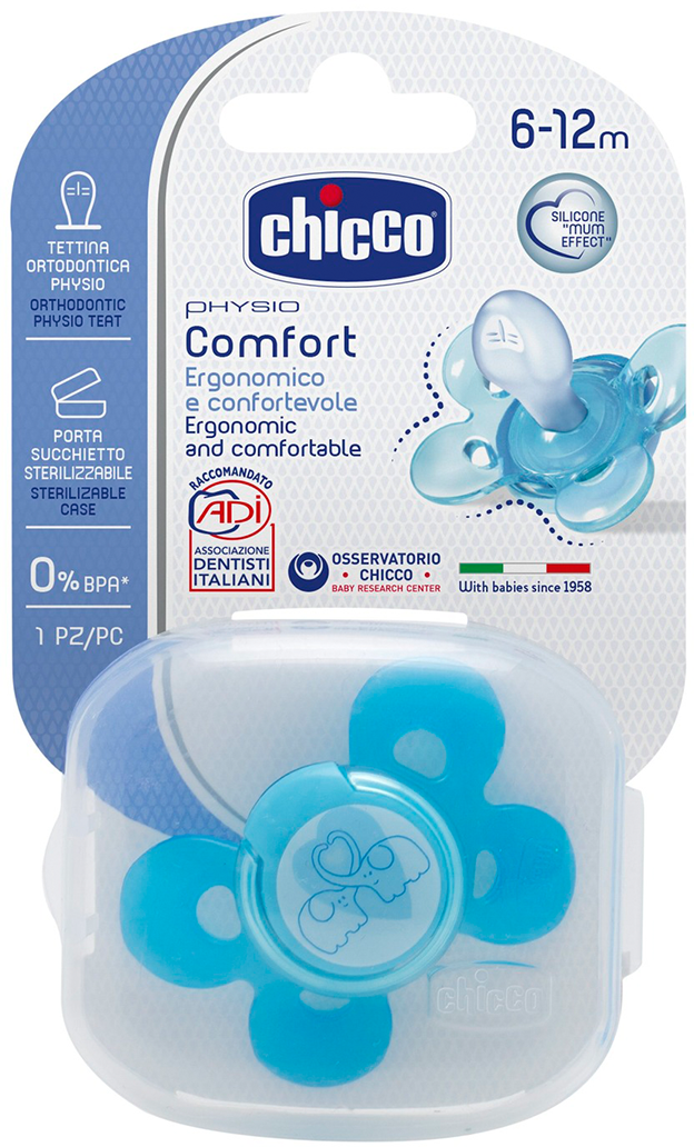 chicco-comfort-6-12-blue.png لهاية الاطفال Chicco Comfort Pacifier 6-12 month Blue - الصورة 1