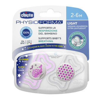 Chicco Soother Glow In The Dark Pink 2-6M, 2 Pieces