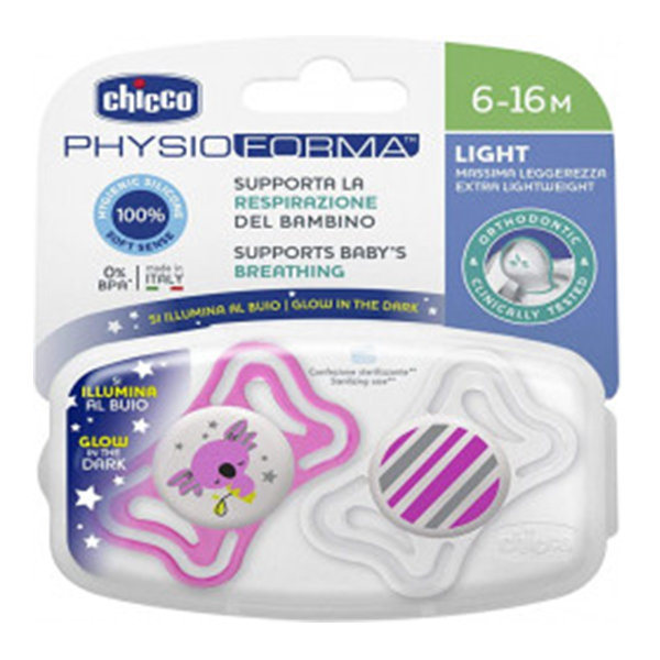 Chicco Soother Glow In The Dark Pink 6-16M, 2 Pieces Chicco Soother Glow In The Dark Pink 6-16M, 2 Pieces
