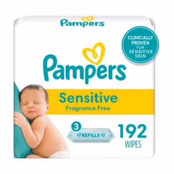 Pampers Baby Wipes Sensitive Perfume Free, 3 Refill Packs, 192 Total Wipes