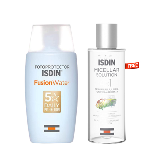 Offer ISDIN Fotoprotector Fusion Water Sunblock SPF 50+ Fluid 50 ml +ISDIN 4 In1 Micellar Solution 100ml Free