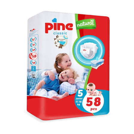 Pine Classic Diapers, Size 5 junior (+15kg), 58Pcs Pine Classic Diapers, Size 5 junior (+15kg), 58Pcs