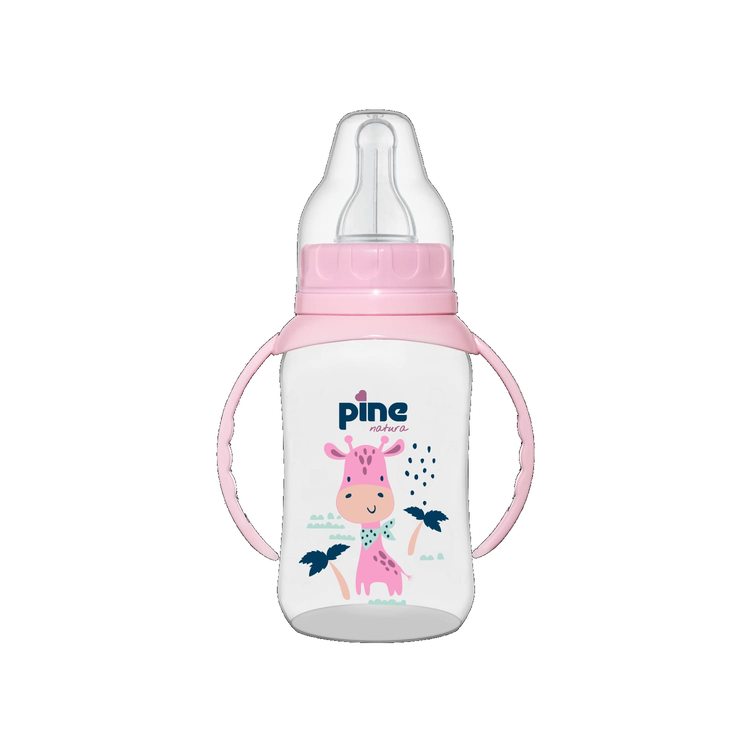 pine_baby_white_under100kb Pine Natura Baby Feeding Bottle With Handles Pink Giraffe 150ml